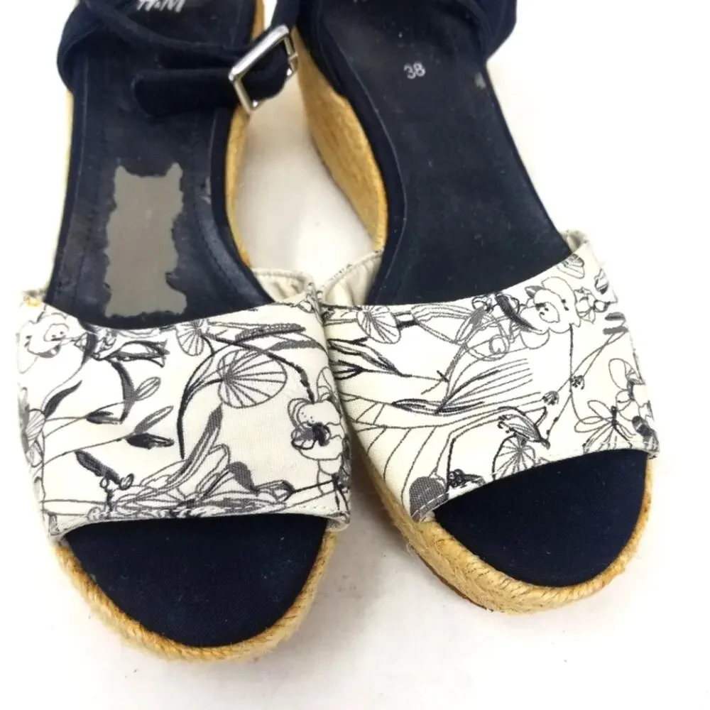 H&M Black & White Espadrilles Wedge Sandals Size 38 EU/‎ 7.5 US